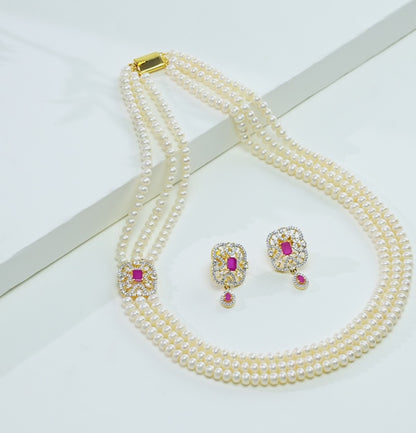 Sparkly Red Stone Side Piece Freshwater Pearl Necklace Set