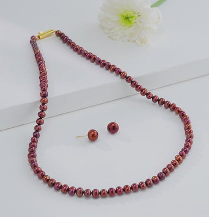 5.0-6.0mm Bronze Near Round Freshwater Pearl Necklace Set - A Quality