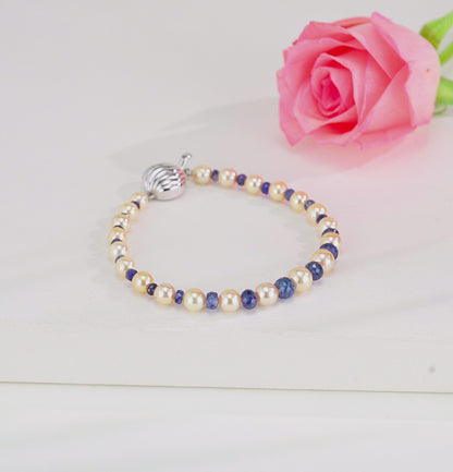 5.0-6.0mm Natural Sapphire And Golden Akoya Saltwater Pearl Bracelet - AA Quality