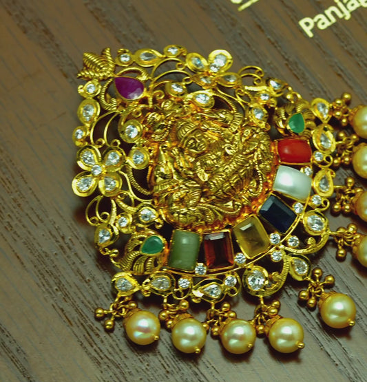 Decorative Laxmi Devi Gold Navratan Stone Locket