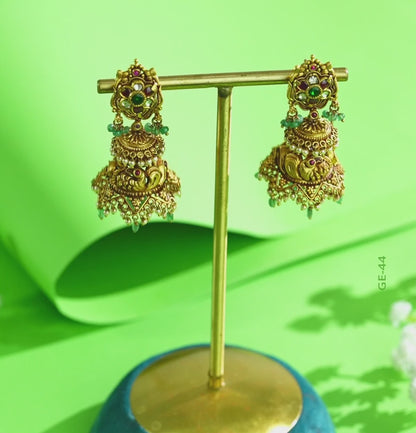 Brilliant Emerald and Pearl Gold Jhumka