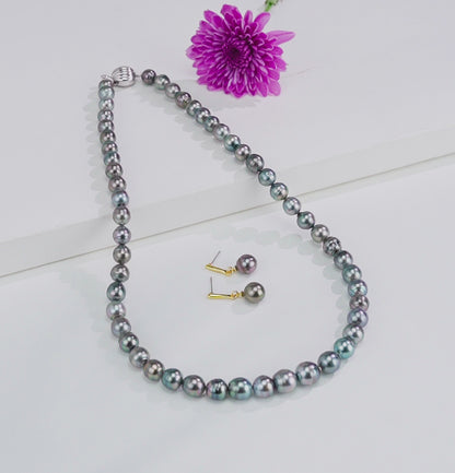 9.0-10.00mm Black  Near Round Ringed Tahitian Pearls  Necklace Set -AA Quality