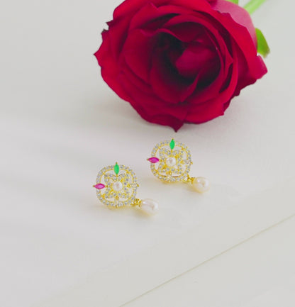 Decorative Red Green Stone Mix Freshwater Pearl Earring