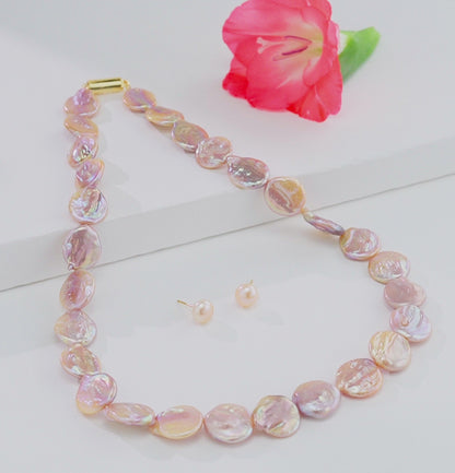 16.0-17.0mm Pink Coin Baroque Freshwater Pearl Necklace Set - A Quality