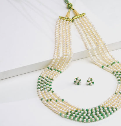 Natural Emerald And 3.0-4.0mm Freshwater Pearl Necklace Set - AAA Quality