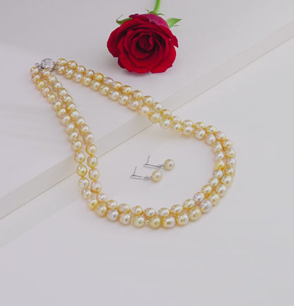 9.0-10.0mm Golden Drop Ringed South Sea Pearl Necklace Set - A Quality