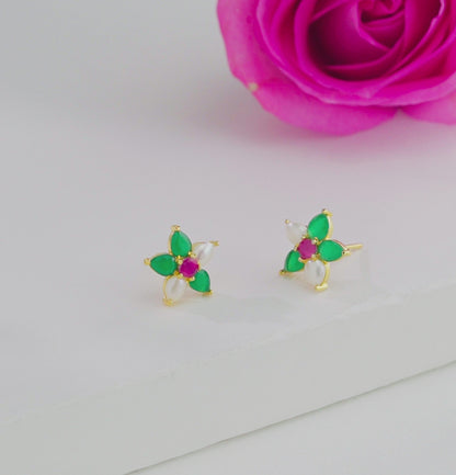 Intriguing Red Green Freshwater Pearl Stud Earrings