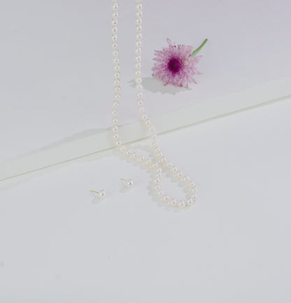 7.0-8.0mm White Near Round Opera Freshwater Pearl Neckalce Set - A Quality