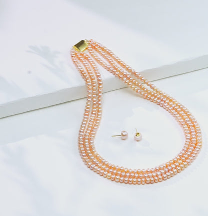 4.0-5.0mm Pink Button Freshwater Pearl Necklace Set - A Quality