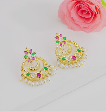 Designer Red Green Multicolor Chand Bali With Freshwater  Pearl Drop
