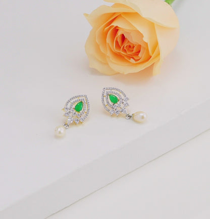 Brilliant Green Stone Freshwater Pearl Drop Hanging Studs Earrings