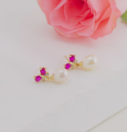 Glossy Red Stone Drop Hanging Freshwater Pearl Studs Earrings