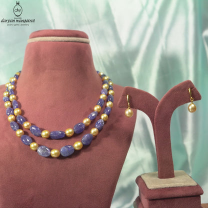 Natural Tanzanite Beads and 8.0-9.0mm Golden Akoya Saltwater Pearls Necklace Set - A Quality