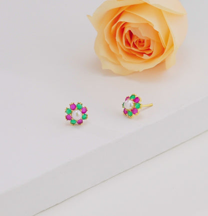 Floral Red Green Multicolor Freshwater Pearl Stud Earrings