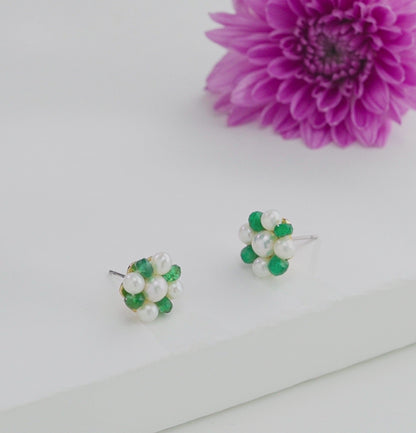 Natural Emerald Near Round Freshwater Pearl Stud Earrings