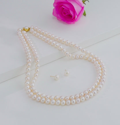 7.0-8.0mm White Round Freshwater Pearl Necklace Set - AAA Quality