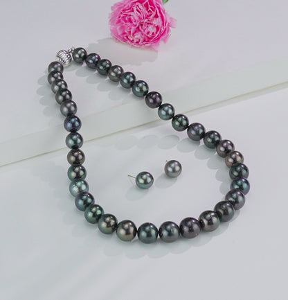 13.0-14.0mm Round Black Tahitian Saltwater Pearl Necklace Set - AA Quality