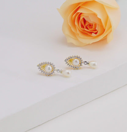 Glitzy White Stone Drop Freshwater Pearl Stud Earring