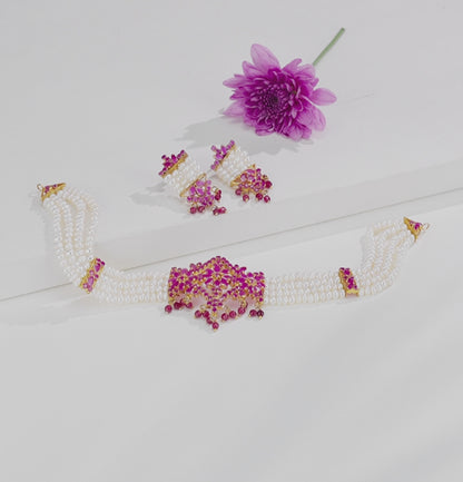 Sparkling Red Stone Freshwater Pearl Choker Set