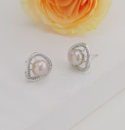 Iridescent White Stone Pink Freshwater Pearl Stud Earrings