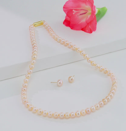 8.0-9.0mm Pink Near Round Freshwater Pearl Necklace Set - A Quality