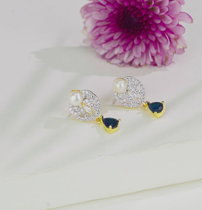 Glossy Blue Stone Button Hanging Freshwater Pearl Studs Earrings