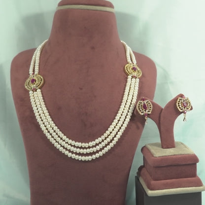 Gorgeous Red Stone Side Piece Freshwater Pearl Necklace Set
