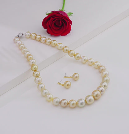 13.0-14.0mm Golden Near Round South Sea Pearl Necklace Set - AA Quality