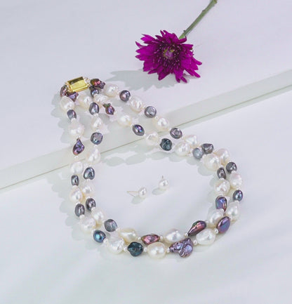 11.0-12.0mm Semi Baroque  Multicolor Freshwater Pearl Necklace Set - A Quality
