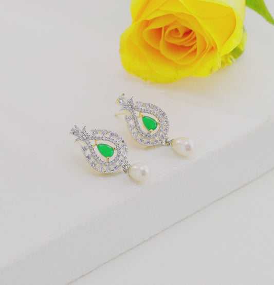 Brilliant Green Stone Freshwater Pearl Drop Hanging Studs Earrings