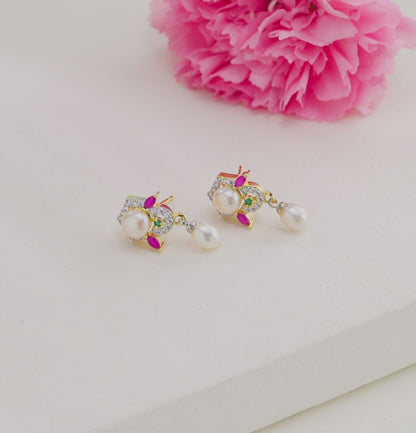 Classy Red Green Stone Drop Freshwater Pearl Earrings