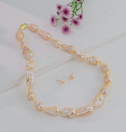 26.0-27.0mm Pink Baroque Freshwater Pearl Necklace Set - AA Quality