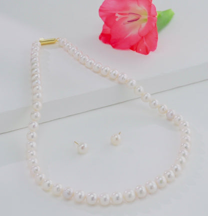 7.0-8.0mm White Near Round Freshwater Pearl Necklace Set - AA Quality