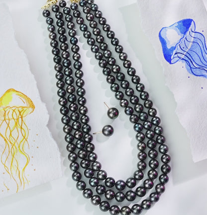 8.0-11.5mm Grading Black Round Tahitian Saltwater Pearl Necklace Set-AAA Quality