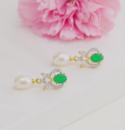 Premium Green Stone Freshwater Pearl Drop Earrings