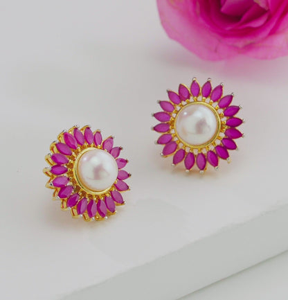 Floral Red Stone Freshwater Pearl Stud Earrings