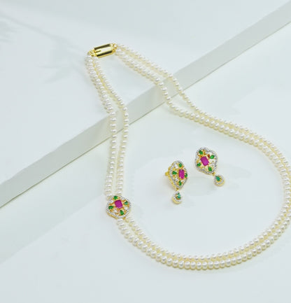 Unique Red Green Stone Side Piece Freshwater Pearl Necklace Set