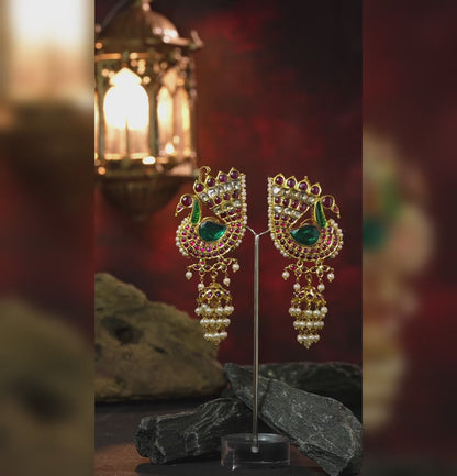 Peacock  Gold Jhumka Kundan Earrings