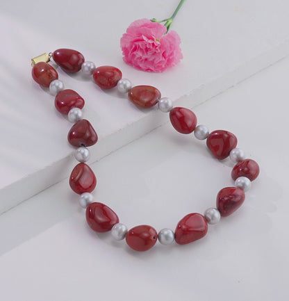 Red Jasper Semi Precious Beads Grey Freshwater Pearl Necklace