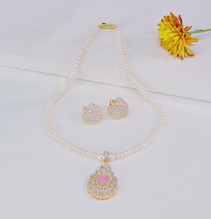 Floral Pink Stone Freshwater Pearl Necklace Set