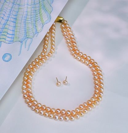 6.0-7.0mm Pink Near Round Freshwater Pearl Necklace Set - AA Quality