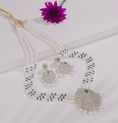 Natural Emerald With Button Freshwater Pearl Necklace Set