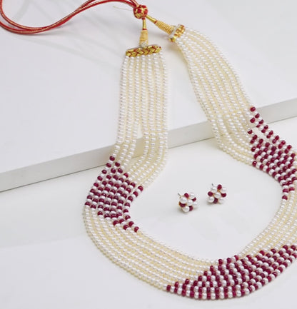 Ethereal Natural Ruby And 3.0-4.0mm Button Freshwater Pearl Mix Necklace Set- AAA Quality