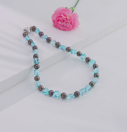 Blue Topaz Beads & Black Freshwater Pearl Necklace