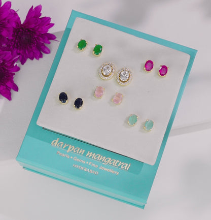 Elegant Oval-Cut Changeable Frame Stud Earrings with Multi-Coloured Stones