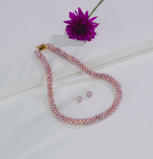 2.0-3.0mm Oval Pink Fancy Freshwater Pearl Necklace Set - AA Quality