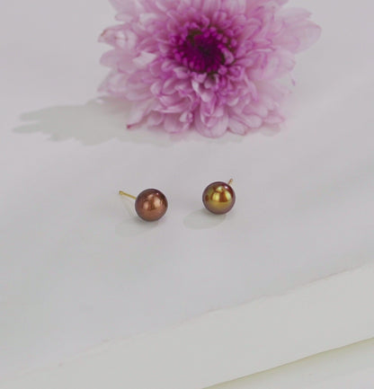 Bronze Button Freshwater Pearl Stud Earrings