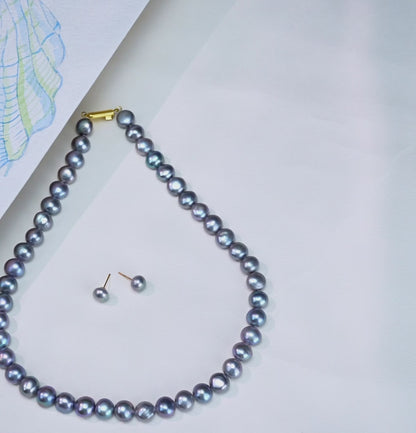 10.0-11.0mm Grey Semi Baroque Freshwater Pearl Necklace Set - A Quality