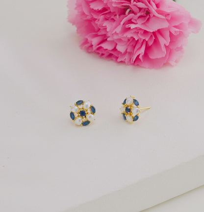 Swan Blue Stone Freshwater Pearl Stud Earrings