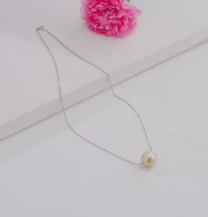 14.0-15.0mm Golden Round South Sea Pearl With 18K White Gold Chain - AAA Quality